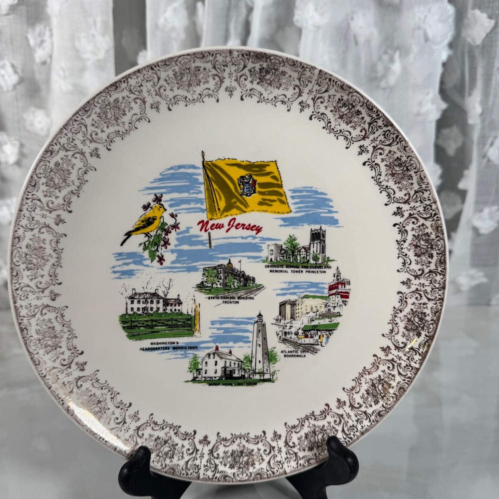 Vintage‎ New Jersey Landmark Souvenir Collector Plate Gold Filigree Floral Edge